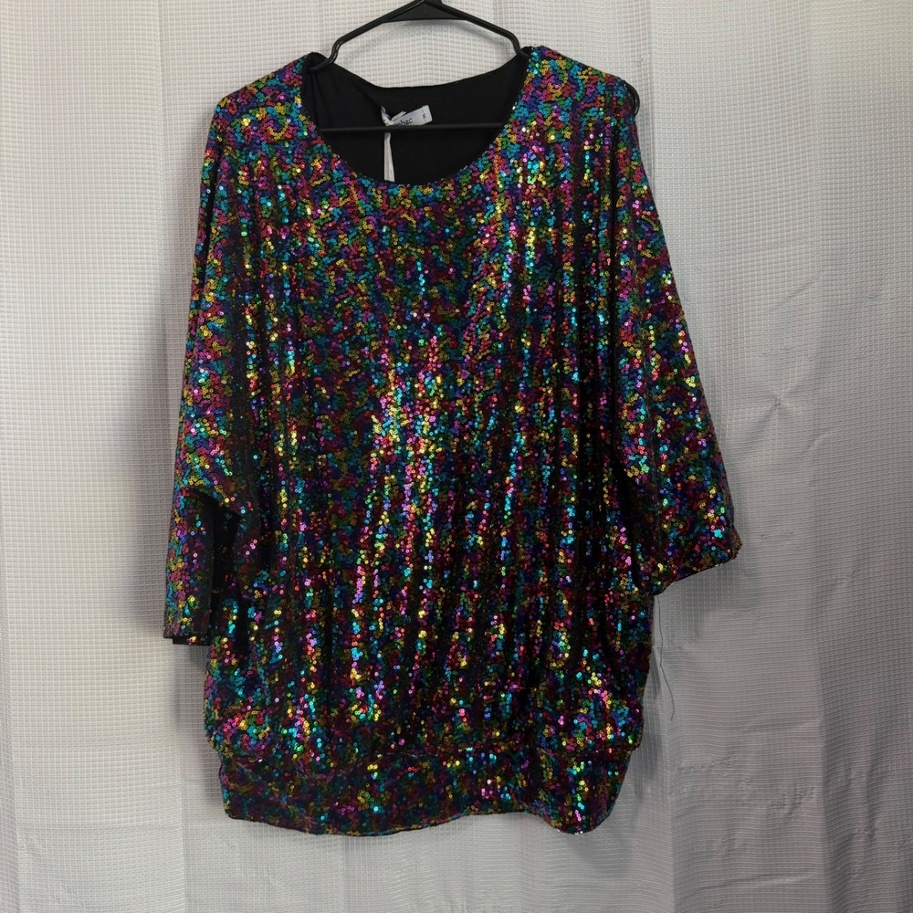 Jasambac Sequin Top Rainbow Batwing Sleeve Dolman Party Glam XL